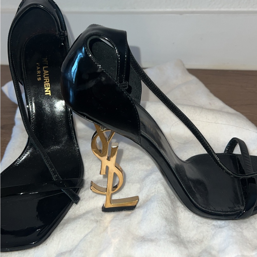Opyum YSL Logo-Heel Sandals with Golden Hardware